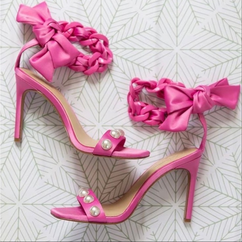 Gianni Binix Jess Southern Jean Pearl Studded Satin Bow & Chain Dress Sandals